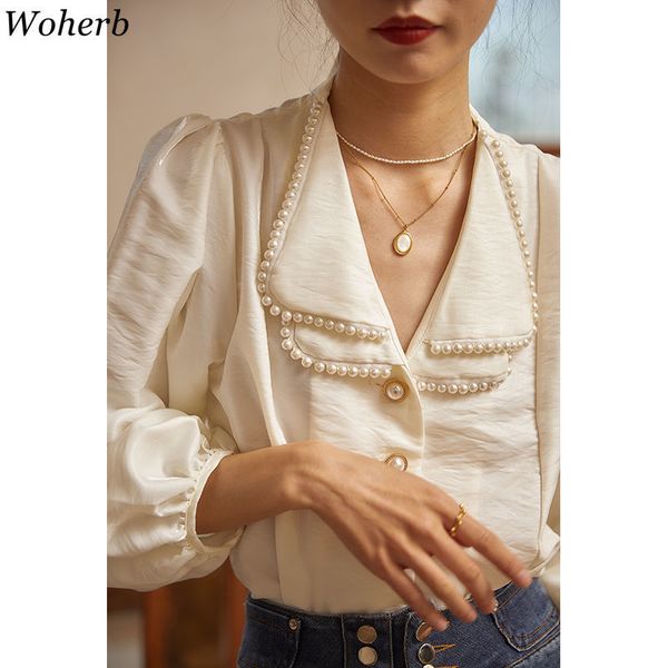 

womens blouses shirts woherb vintage pearl beading women patchwork peter pan collar loose puff long sleeve korean sweet elegant blusas 2303, White