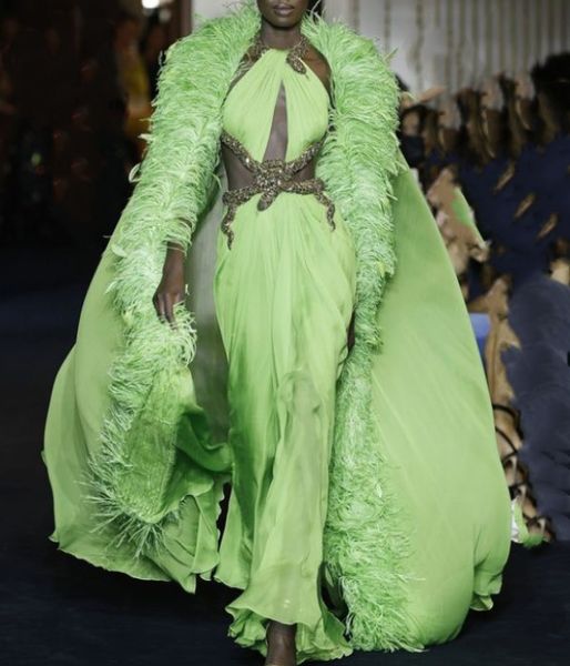 

the model appeared in the latest launch of zuhair murad brand in 2023, wearing a green evening dress decorated with diamonds and a cloak wit, Black;pink