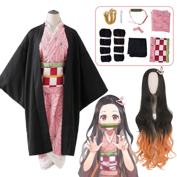 

theme costume anime demon slayer nezuko cosplay kimono kimetsu no yaiba kamado nezuko costume womens girls kimono uniform halloween clothes, Black;red