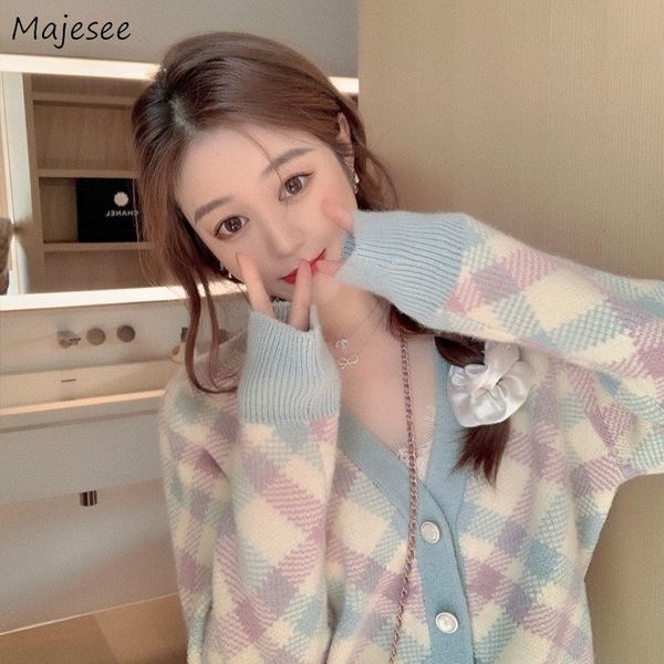 

women's knits tees cardigan women argyle sweet girl spring autumn outerwear korean fresh single breasted loose sweater lovely colorful, White
