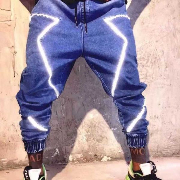 

men's clothing 2022 new spring summer jeans personalized reflective hip hop high street pants large loose, Black