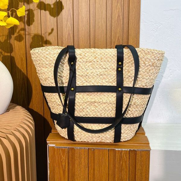 

2023 raffi straw basket bag large capacity shopping bags palm leaf cowhide weaving totes hollow out women shoulder bag fashion beach bag let