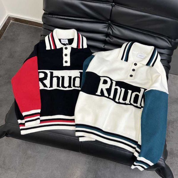 

22ss rhude autumn winter men pullover american retro jacquard knitted polo college sweater couple splice knitted shirt er99, White;black
