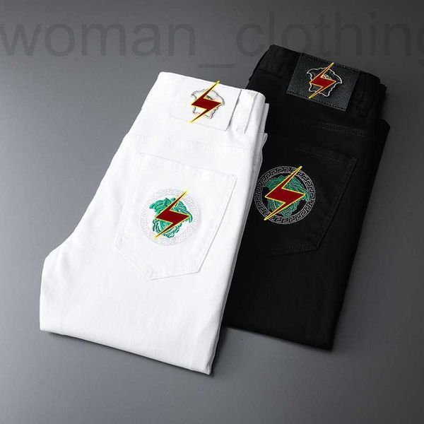 

men's jeans designer european jeans men's versatile black and white cotton elastic slim embroidery nqjs, Blue