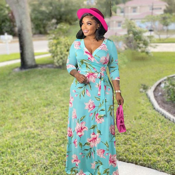 

plus size dresses 5xl size women clothing elegant fall maxi floral with sashes ladies long sleeve drop wholesale 230302, Black
