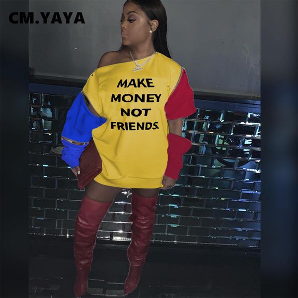 

women's t-shirt shirts cm.yaya women autumn winter zipper cut out patchwork make money not friends off shoulder sweatshirt active pullo, White