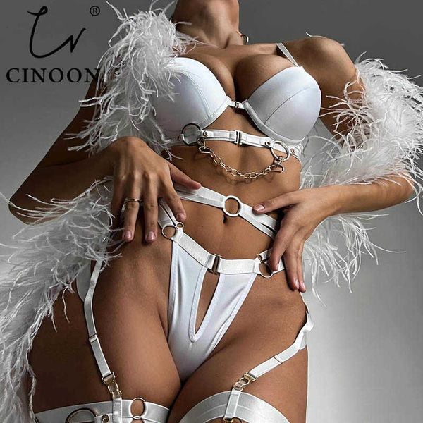 

lace underwear set cinoon lingerie for women underwear erotic garter belt 3-piece intimate push up bra luxury chain strap exotic brief sets, Black;white