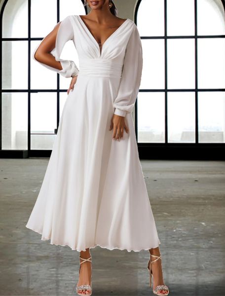 

beach boho wedding dress simple tea length a-line long sleeve v neck chiffon 2023 bridal party gowns robe de mariee, White