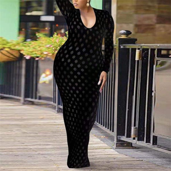 

plus size dresses size women fashion ladies long sleeve lace maxi hollow out mesh bodycon wholesale drop 230302, Black