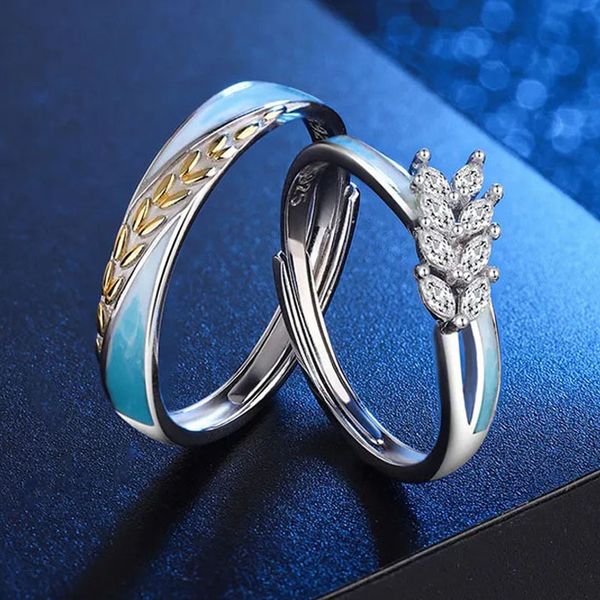 

1 pair golden rice and wheat couple rings copper plated platinum adjustable valentine's day gift men women overlap opening promise enga, Silver