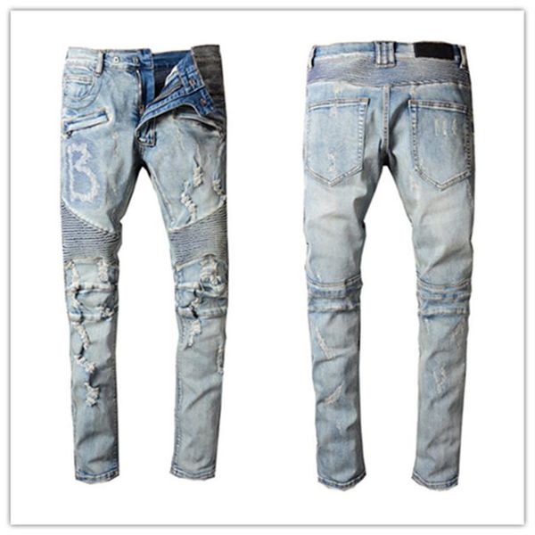 

ripped mens jeans big b better men biker retor fit motorcycle biker plants button jean s whole slim-leg denim pant337y, Blue