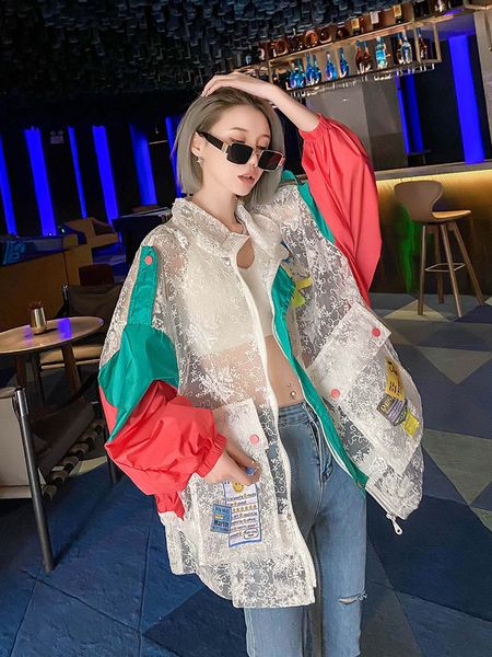 

womens jackets summer 45150kg lace stitching thin cardigan loose letter badge long sleeve sunscreen coat 230302, Black;brown