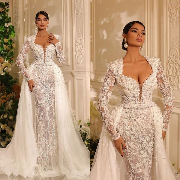 

elegant v neck mermaid wedding dresses full sleeve lace bridal gowns custom made applique pearls crystal dress vestido de novia, White