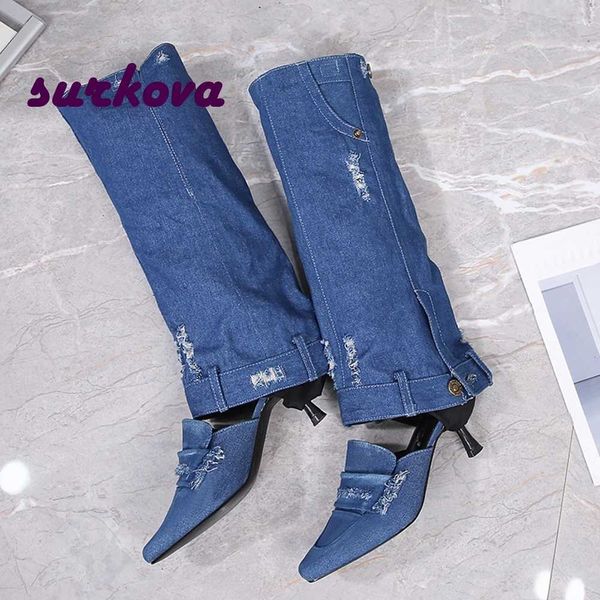 

denim square toe knee high boots summer blue three clock piercing kitten heels women's sandal boots runway shoes elegant 230302, Black