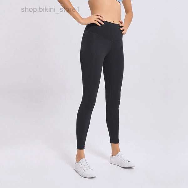 

l-037 solid color high rise leggings with waistband pocket yoga pants naked feeling women sports trousers elastic running training tights 1, Black