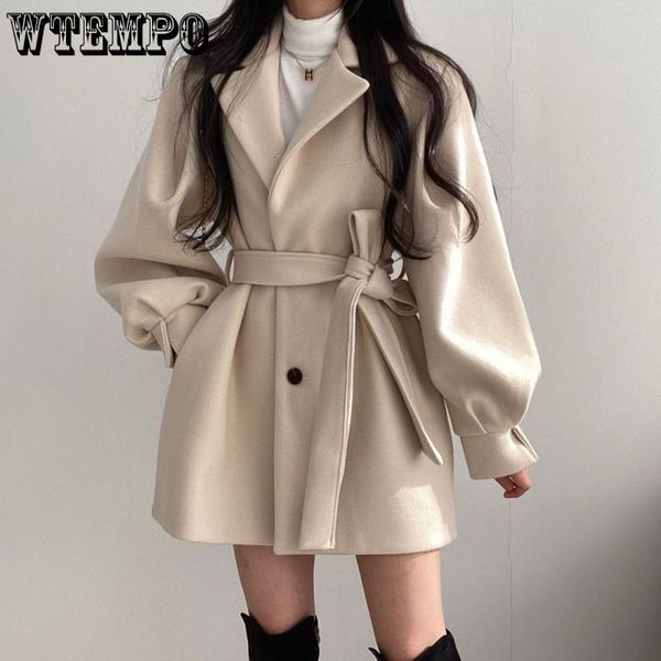 

women's wool blends mid length oat blazer collar woolen coat women belted winter jacket niche vintage loose fashion overcoat solid tren, Black