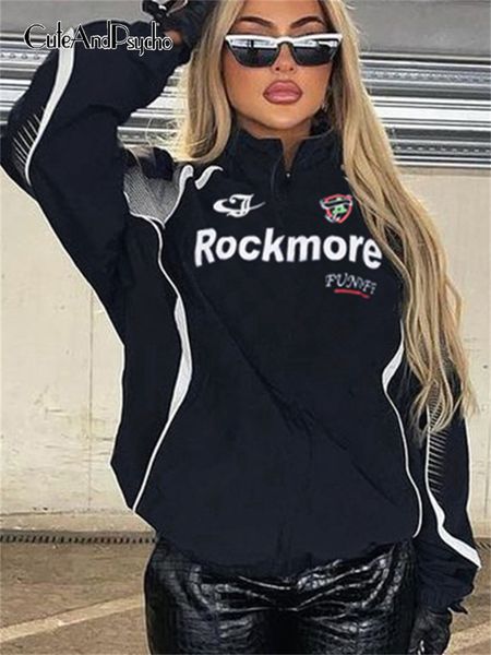 

women's jackets cuteandpsycho fashion chic moto biker racing letter print casual streetwear zipper coats y2k punk outwears 230302, Black;brown