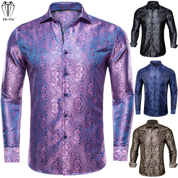 

men's casual shirts hi-tie brand silk mens shirts long sleeve slim fit gold blue red beige burgundy pink purple gray shirt for men 2303, White;black