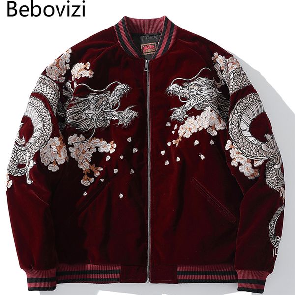 

men's jackets bebovizi japanese style men dragon phoenix embroidery hip hop bomber jacket streetwear baseball coat winter harajuku red, Black;brown