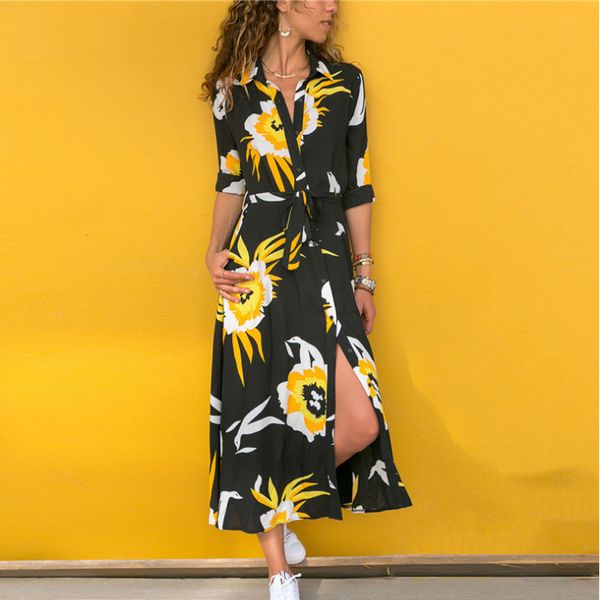 

printed dress single breasted long sleeve shirt long dress, Black;gray