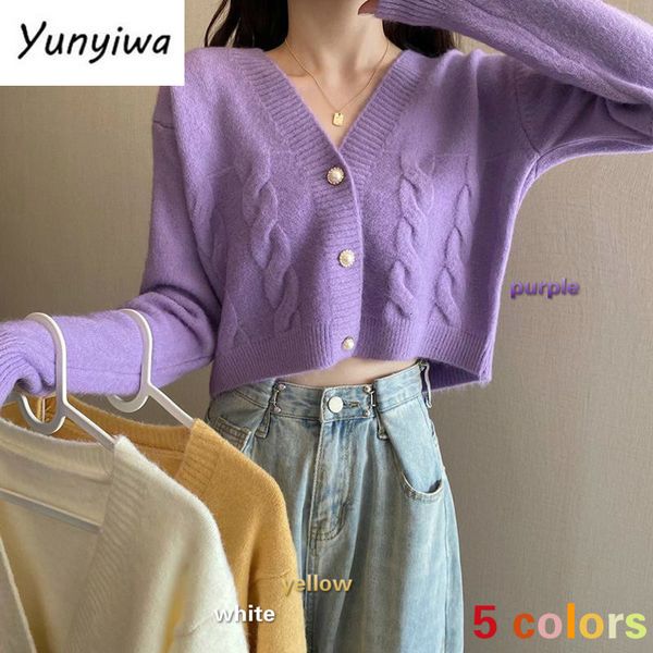 

women's knits tees sweaters women autumn cropped v-neck standard lady knitwear solid purple korean style lovely cardigans 230302, White