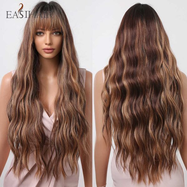

synthetic wigs easihair brown long wavy synthetic wigs with highlight cosplay natural hair for women heat resistant daily bangs 230227, Black