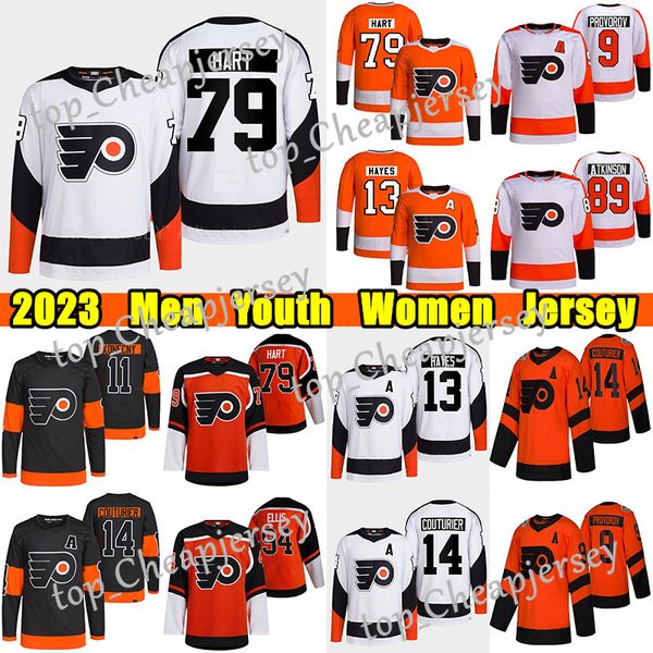

#79 carter hart philadelphia reverse retro hockey jersey #14 sean couturier flyers#13 kevin hayes ivan provorov ryan ellis eric lindros bobb, Black;red