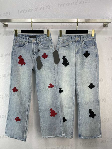 

womens designer clothing jeans pants spring summer fashion leather hand-stitched casual loose jeans enzyme-washed fabric classic printed emb, Blue