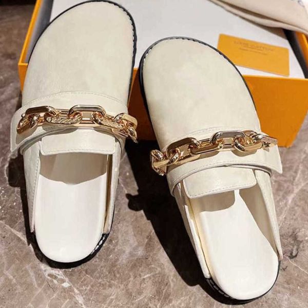 

luxury flowers shoes chain leather slides cosy comfort women men easy mules slippers round toe sandal platform with 35-45 no437, Black
