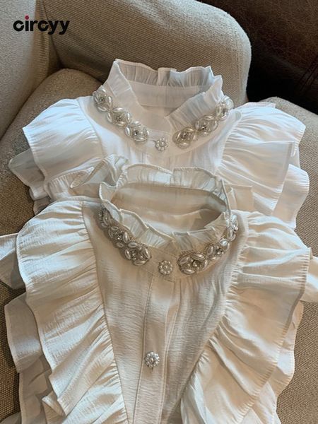 

circyy blouse women shirts ruffled stand collar button up shirt chic pearl loose long sleeve single breasted white vintage 230302