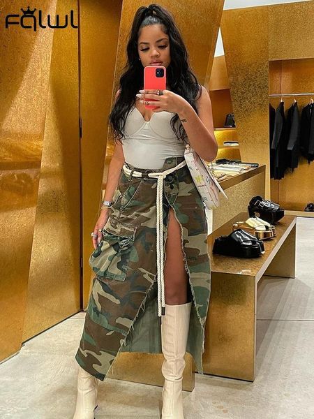 

skirts fqlwl streetwear summer maxi denim for womens camouflage long jean high waist side split asymmetrical cargo 230302, Black