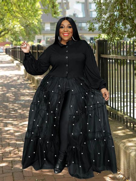 

plus size dresses elegant casual women patchwork transparent mesh with pearls size maxi wholesale bulk drop 230302, Black