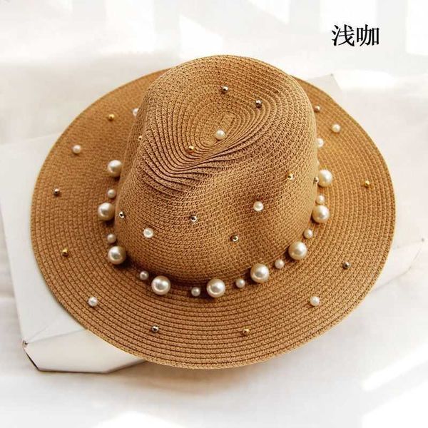 

wide brim hats new spring summer hats for women flower beads wide brimmed jazz panama hat sun visor beach hat flower pearl rivet straw hat j, Blue;gray