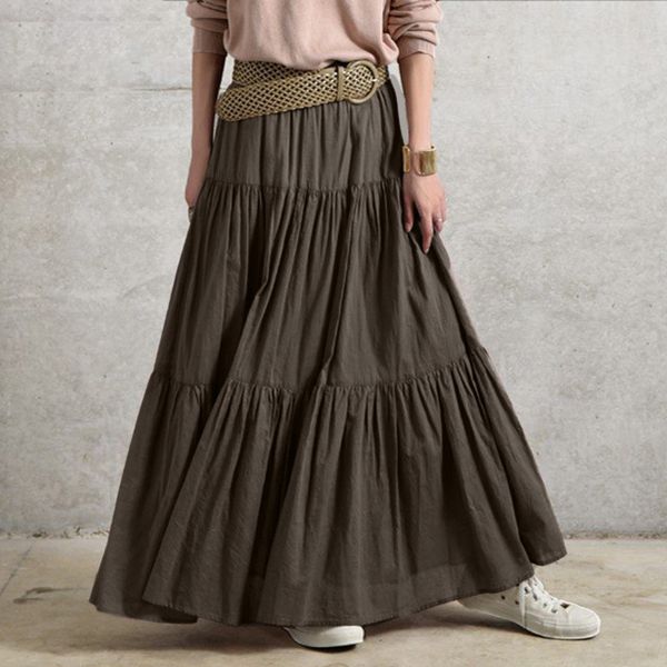 

skirts autumn summer long vintage womens ruffles skirt spring solid casual loose elastic waist oversize female bottoms 230302, Black