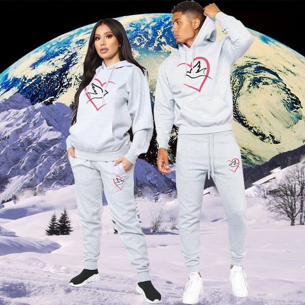 

mens tracksuits fashion lover couple sportwear set love birds printed hooded clothes 2pcs hoodie and pants plus size hoodies women 230228, Gray