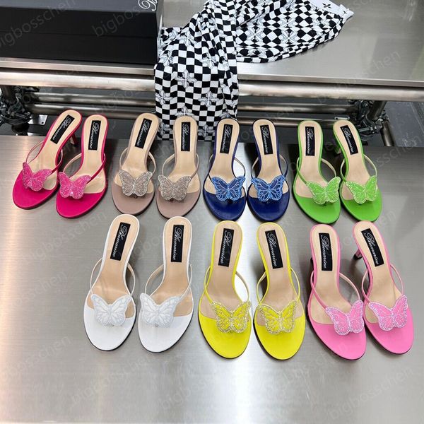 

luxury designer slippers ladies high heels blumarine summer new fashion butterfly rhinestone open toe clip toe office outdoor leather dress, Black