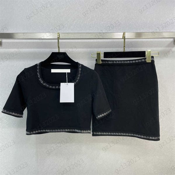 

wang two piece dresses drill decoration round neck pullover short sleeve knitted t-shirt high waist hip short skirt designer dresses for wom, White