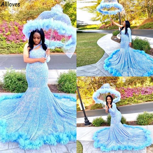 

light sky blue bling sequined prom dresses for african girls one shoulder meramaid plus size special occasion evening gowns tulle ruffles fo, Black