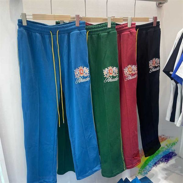 

crown embroidery rhude sweatpants men women red green patchwork pocket pants rhude trousers, Black