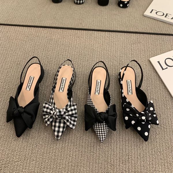 

sandals bow women summer pointed low heel fashion baotou thin strap high heels sandalias de mujer 230303, Black