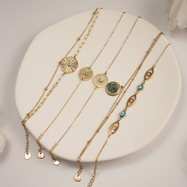 

Designer eye turquoise double round chain titanium steel bracelet 14K wholesale