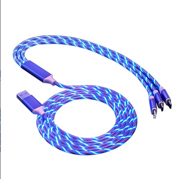 

3 in 1 usb charger cable for mobile phone micro usb type c charge cable 1.2m smart phone charging with led streamer glow flowing cord pp pac