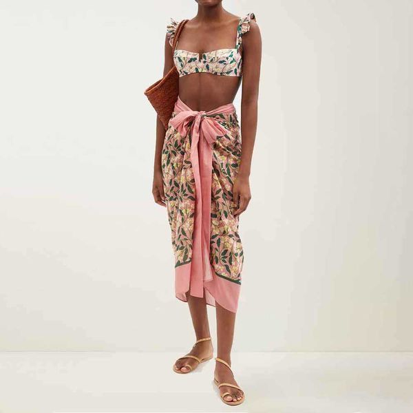 

women's swimwear fashion floral print bikini two-piece high waist swimwear cover-ups separate bandeau cutout backless surf wear swimmin, White;black