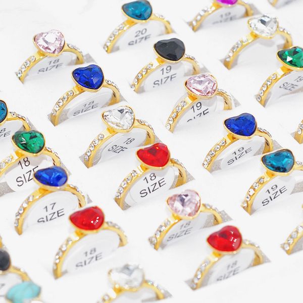 

bulk wholesale 30pcs colorful crystal heart wedding rings mixed gold plated cz stainless steel fashion anniversary lovers gifts charms finge, Slivery;golden