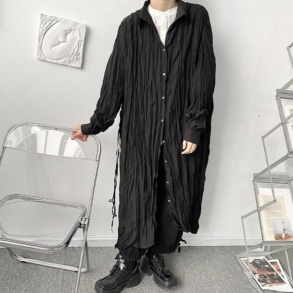 

men's polos retro harajuku long sleeve lapel robe button pajamas loose pleated oversized casual homewear solid color shirt 230303, White;black