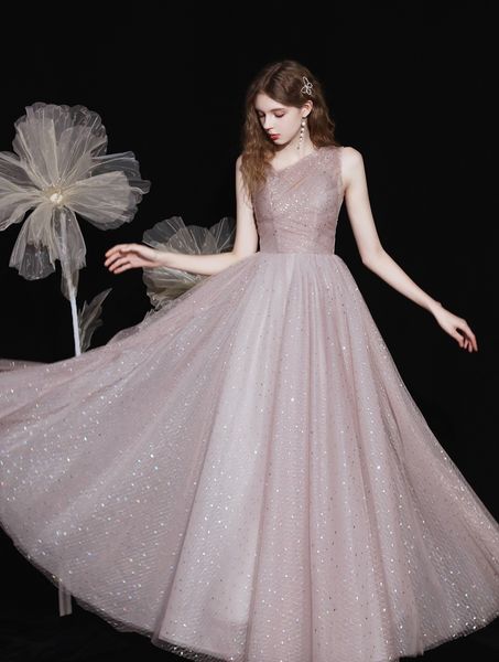 

light purple evening dresses sleeveless sequined shiny v neck tulle a-line lace up prom birthday formal party gown woman new, Black;red