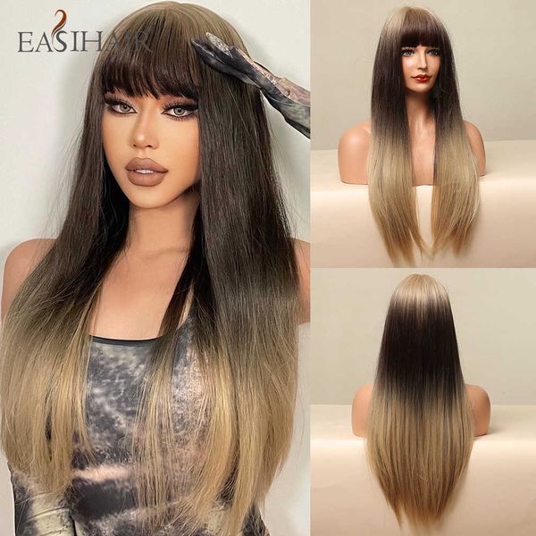 

synthetic wigs easihair long straight synthetic wigs brown blonde ombre for women natural hair with bangs heat resistant cosplay wig 230227, Black