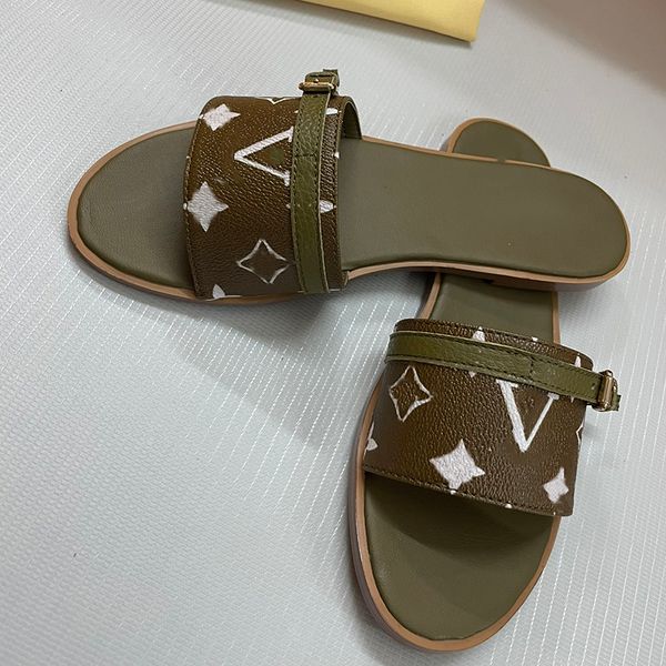 

womens slippers flat sandals leather printed hardware metal buckle beach shoes bathroom pool outdoor shoes classic designer brand retro casu, Black
