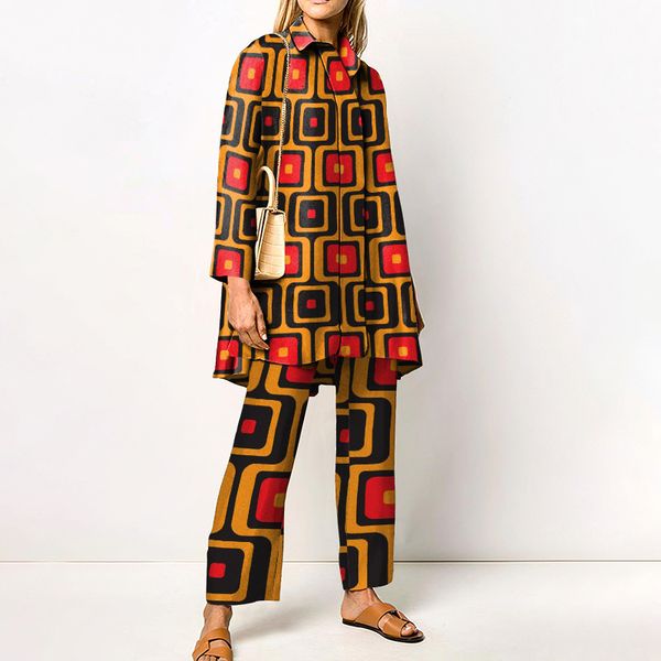 

womens two piece pants autumn casual women sets geometric printed long sleeves turndown collar shirts straight suits elegant outfit 230302, White
