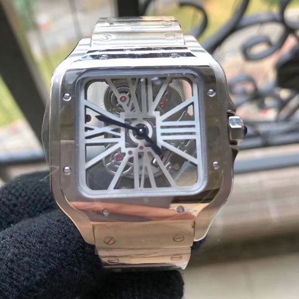 

2023 mens luxury watches square skeleton watch 40mm size watch all stainless steel luminous needles casual business quartz wristwatch, Slivery;brown
